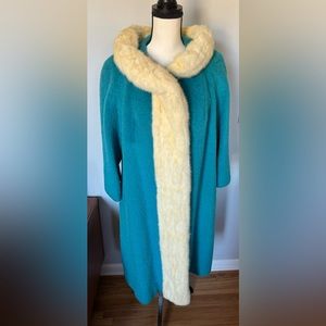 Vintage Mohair coat vintage w/ fur accent - turquoise blue double breasted gorg!